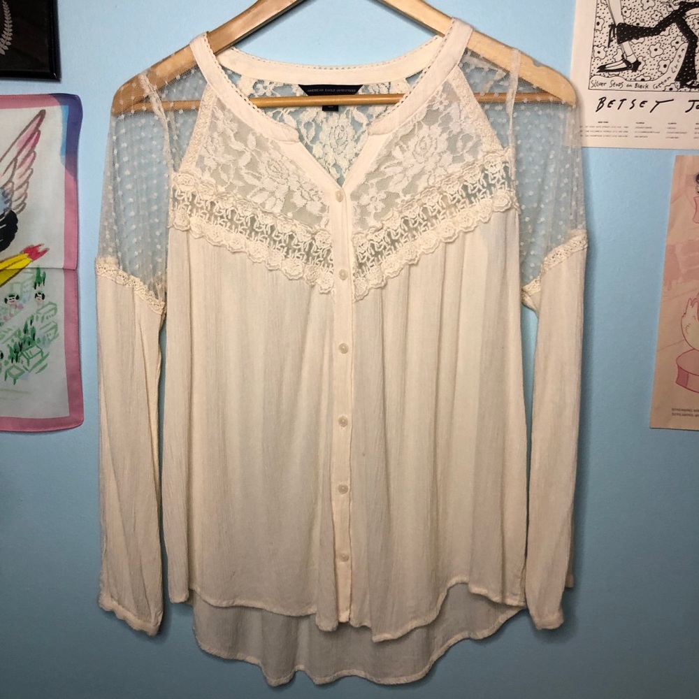 Fairycore Romantic Ivory Lace Mesh Blouse SM Whimsigoth Bohemian